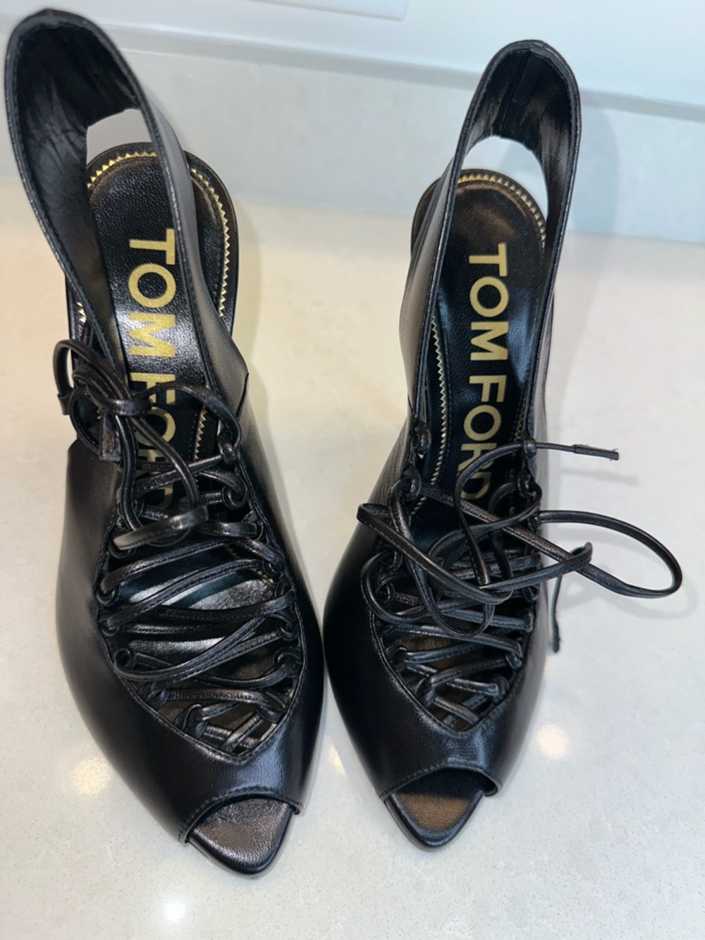 Tom Ford Black Lace-Up Peep Toe Slingback Heels